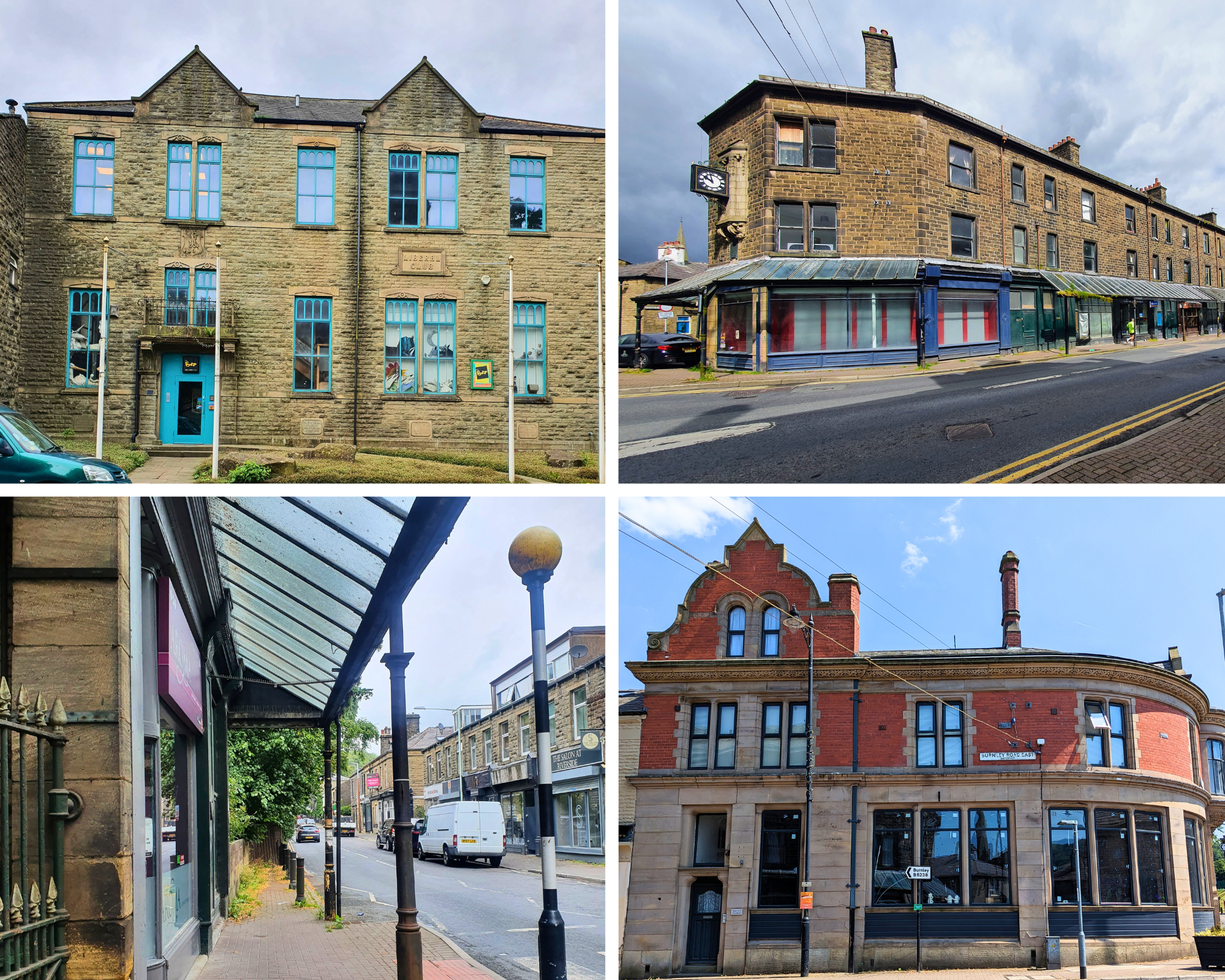 four pictures of buildings around Waterfoot